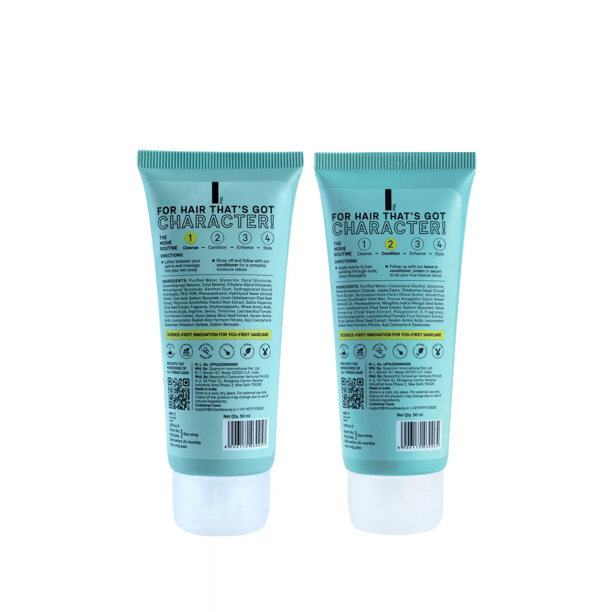 Back view of Moxie Rinse & Shine shampoo and conditioner duo showing product packaging and details