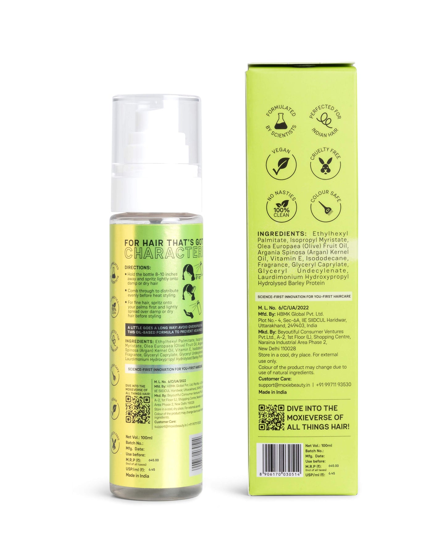 Moxie Firefighter Heat Protection Spray Back Label with Full Ingredients List & How to Use Guide