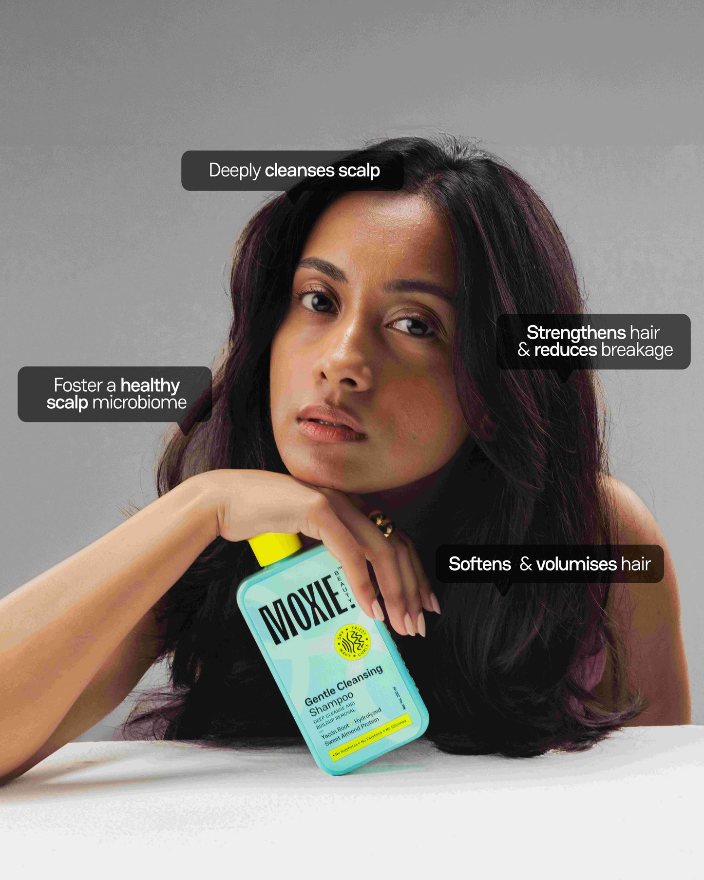 Gentle shampoo benefits including deep scalp cleansing, softening and volumising hair