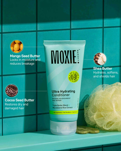 Ultra Hydrating Moxie Conditioner ingredients with mango seed butter, cocoa seed butter, and shea butter