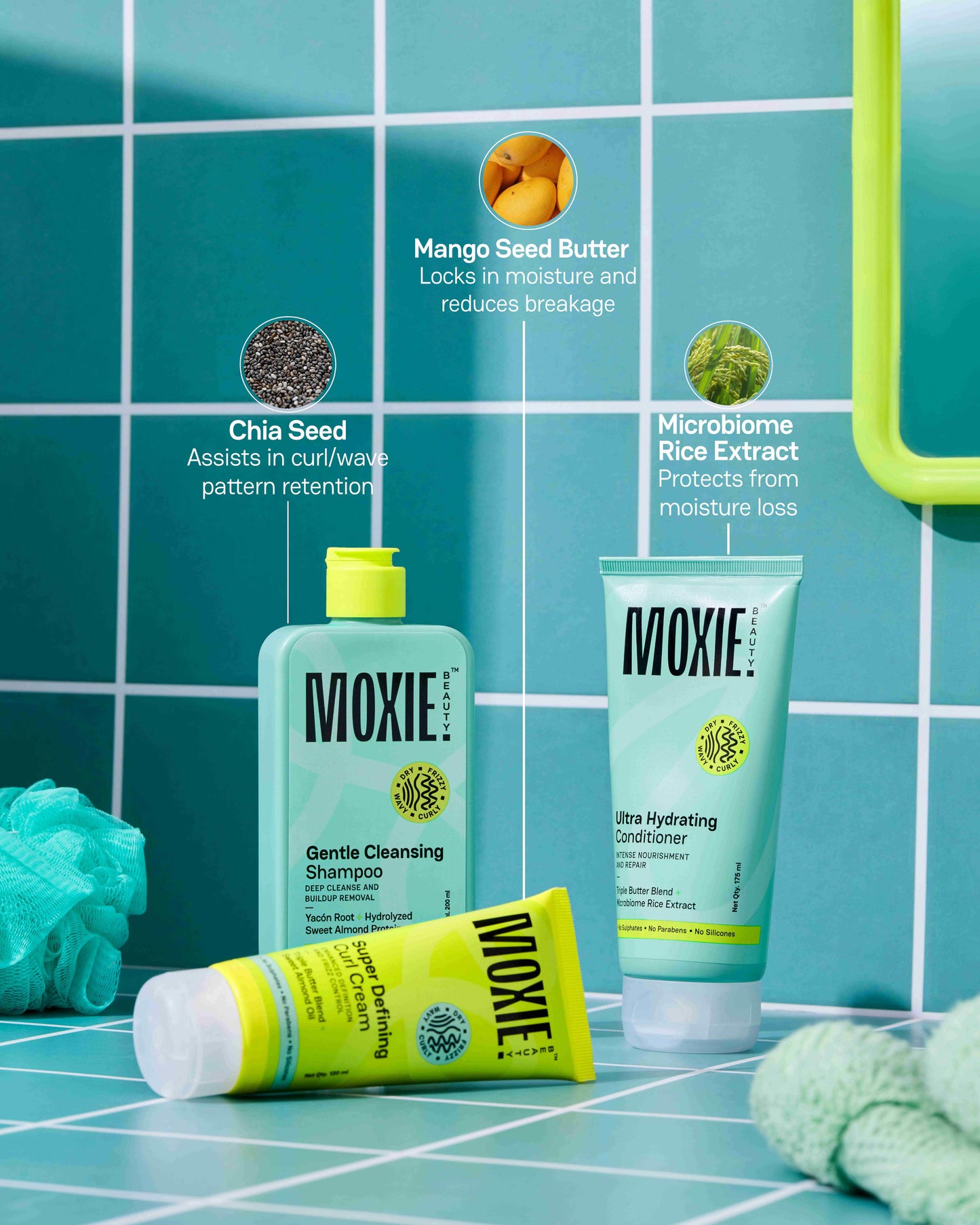 Ingredients in Essentials Curly Trio: microbiome rice extract, mango seed butter, and cocoa butter