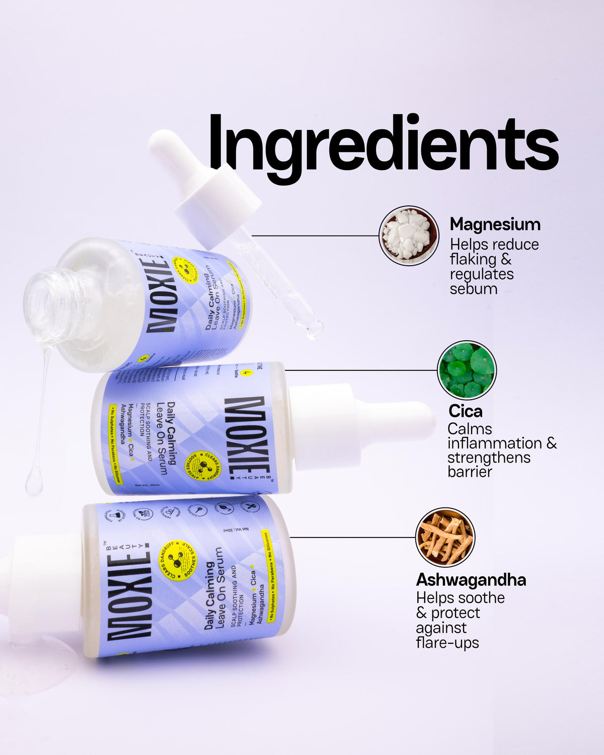 Moxie Beauty Daily Calming Leave On Serum key ingredients for scalp calming