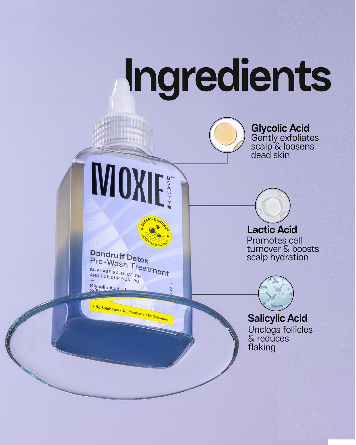 Moxie Beauty Dandruff Detox Pre Wash Treatment key ingredients for scalp detox