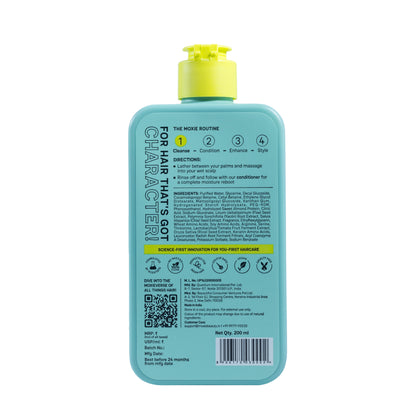 Back view of Moxie Hair Clarifying Shampoo showing product packaging and ingredient detail