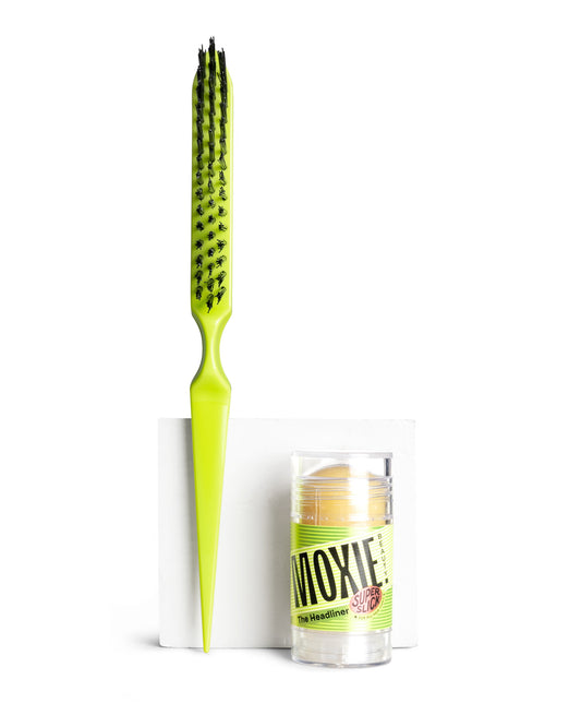 Moxie Beauty Headliner and Finisher Duo with Hair Wax Stick and brush for sleek, polished styles, flexible hold, frizz control and smooth finish.