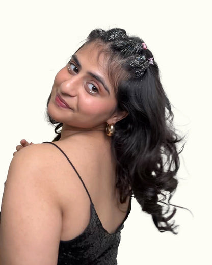 Moxie Hair Glitter Duo Applied on Wavy Curly Hair