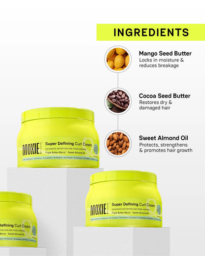 Super Defining Curl Cream ingredients including microbiome rice extract, mango seed butter, and cocoa seed butter