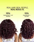 Infographic showing Moxie curly products results with improved curl definition, frizz control, and moisturized hair