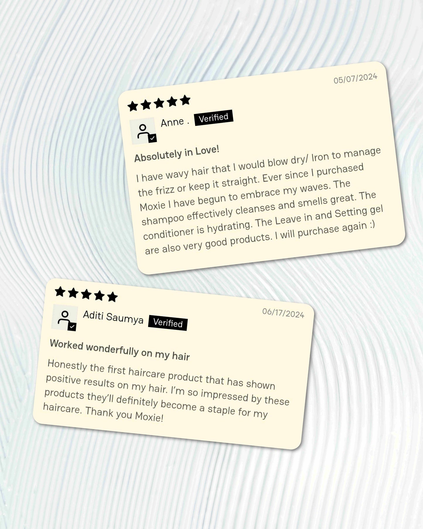 Customer reviews sharing experiences with Moxie for frizz control and enhanced curls