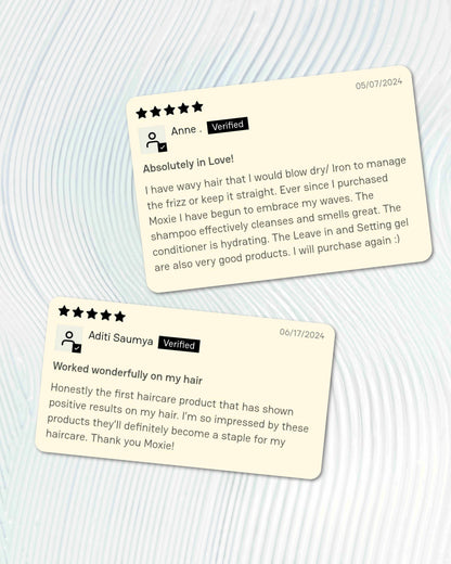 Customer reviews sharing experiences with Moxie for frizz control and enhanced curls