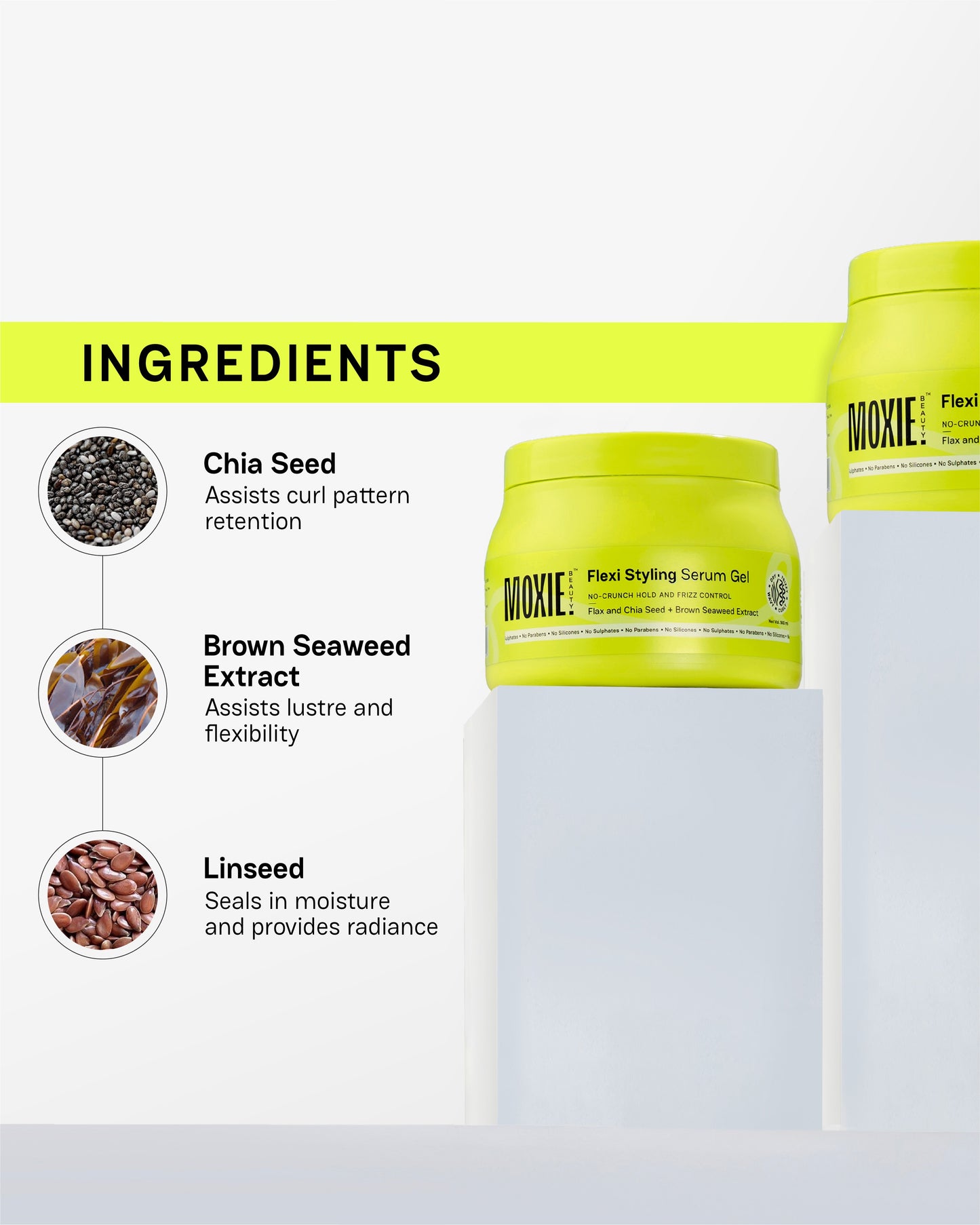 Flexi Styling Serum Gel ingredients with chia seed, brown seaweed extract, and linseed for healthy curls”