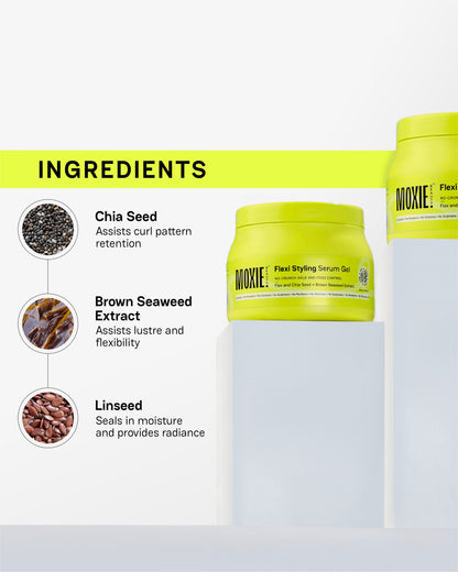 Flexi Styling Serum Gel ingredients with chia seed, brown seaweed extract, and linseed for healthy curls”
