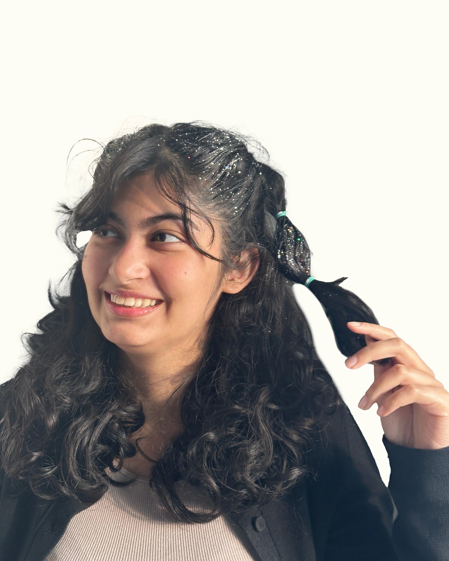 Moxie Hair Glitter Duo Applied On Wavy Hair
