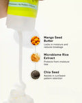 Key ingredients in Moxie hair products: microbiome rice extract, mango seed butter, and chia seed