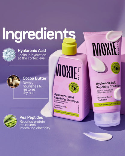 Moxie HydroRepair Wash Duo Key Ingredients Hyaluronic Acid Formula for Stronger Hydrated Hair