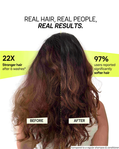 Infographic showing real hair results from Moxie products highlighting build-free scalp and softer hair