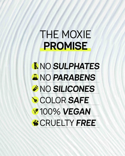 Infographic highlighting The Moxie Promise with clean, vegan and cruelty-free haircare standards