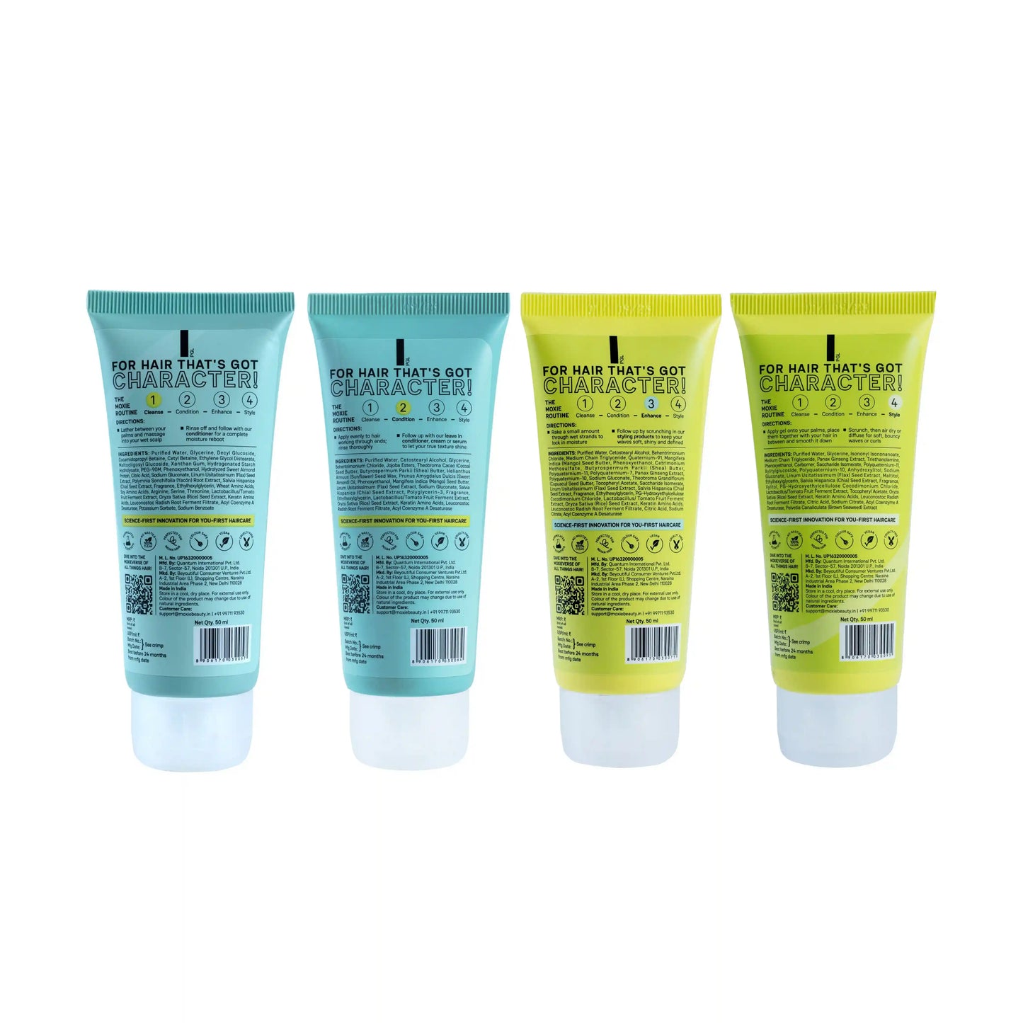 Back view of four Moxie wavy hair products showing packaging and ingredient details