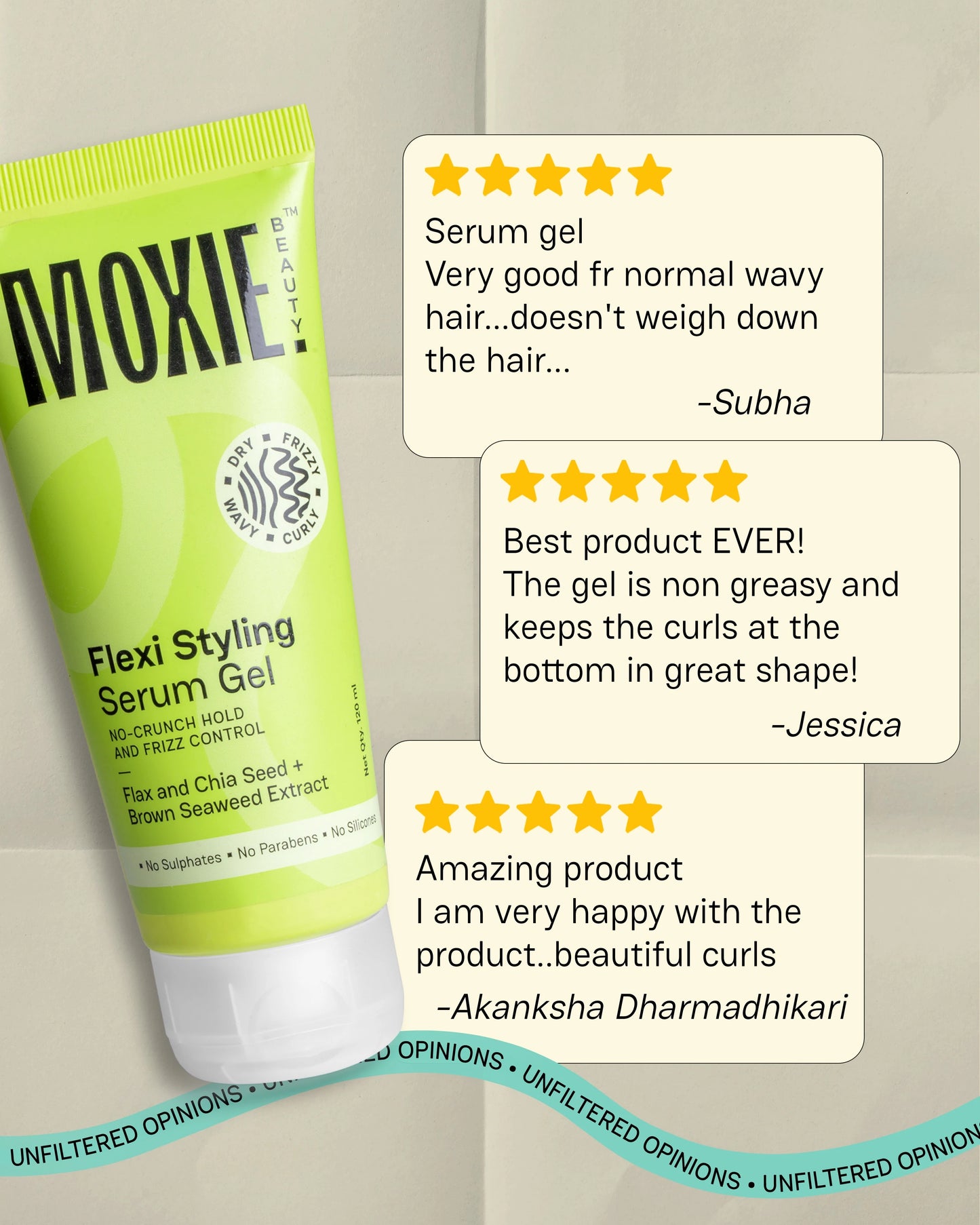 Customer reviews sharing experiences with Flexi Styling Serum Gel for wavy and curly hair