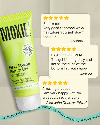 Customer reviews sharing experiences with Flexi Styling Serum Gel for wavy and curly hair
