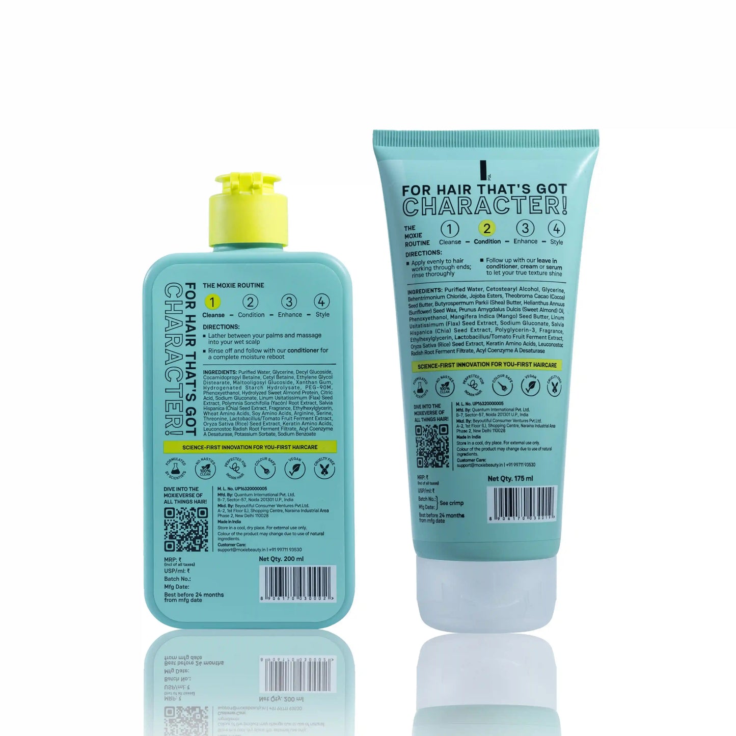 Back view of Moxie shampoo and conditioner duo set packaging
