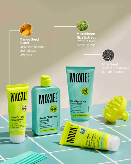 Moxie 4-step wavy hair routine kit with shampoo, conditioner, leave-in and serum gel